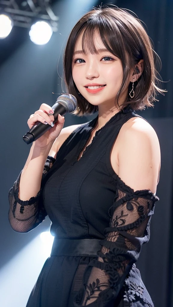 Diva in Japanese clothes、cute singer、Silver-haired bob cut、blue eyes、smile、girl singing happily、concert venue background、