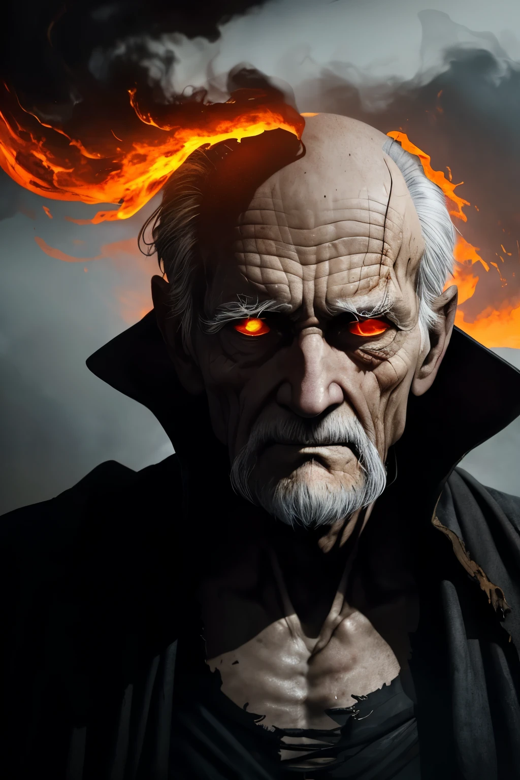 A chilling and suspenseful portrait of a very old man, hunched over and barely clinging to life. His waist up is visible, revealing a mere skeletal frame clad in tattered and torn rags. Half of his face has been distorted and melted, leaving only one penetrating and evil gaze, framed by sparse gray hair and pale, wrinkled skin. His yellowish pupils seem to burn with an inner fire that only adds to the fear and horror emanating from him. Thick plumes of red coloured smoke and dark gas rise in the background, shrouding the scene in a thick mist and fog. The man's long black cloak billows in the