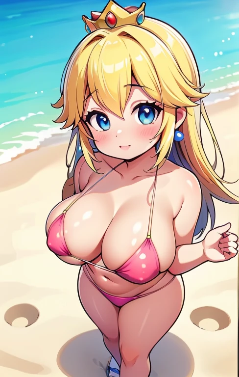 Calidad superior, obra maestra, 1 chica, Princess peach, Hermoso rostro, ruborizada, pelo rubio, (imagen fotorrealista:1.3), edge lighting, (piel con alto detalle:1.2), 8k UHD, digital slr camera, alta calidad, high resolution, 4k, 8k, bokeh, absurdo, Best ratio four fingers and one thumb, (real:1.3), curvy body, small face, linda chica, gigantic breast, very small one piece swimsuit ( Asian style), piernas anchas, ( standing, from above, piernas muy abiertas, la vagina se marca en la ropa, amrs up), ( en la playa).