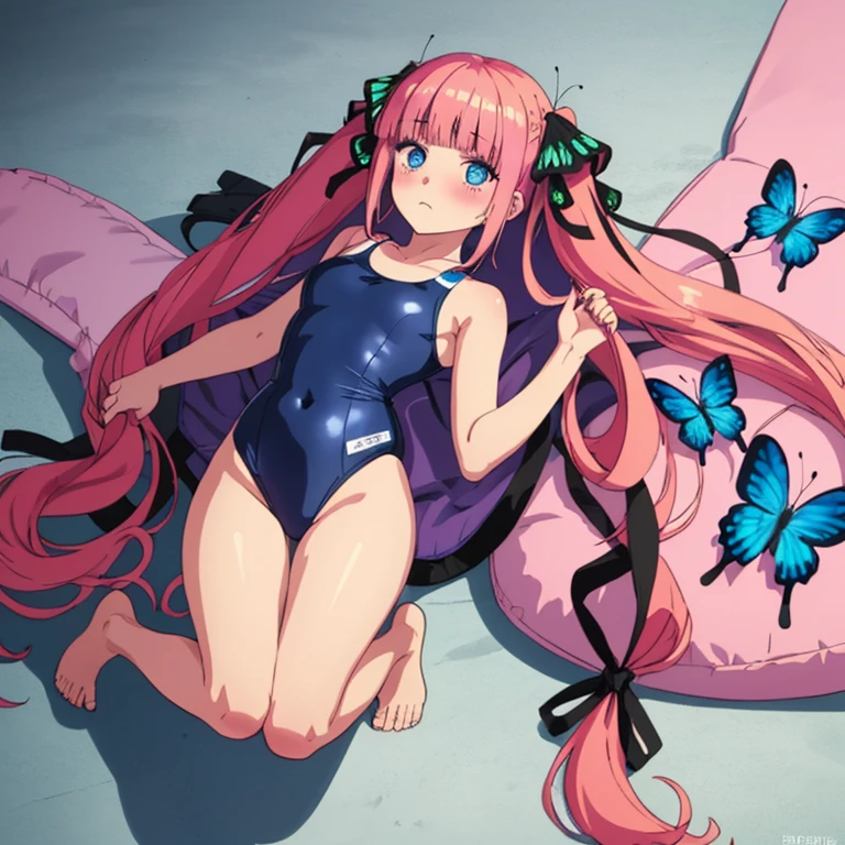 best quality, very aesthetic, Super detailed, best illustration, 1girl, one-piece swimsuit, bangs, pink_hair, blunt_bangs, hair_ornament, butterfly_hair_ornament, ribbon, black_ribbon, blue_eyes, blush, hair_ribbon, twintails, long_hair, nino, full_body