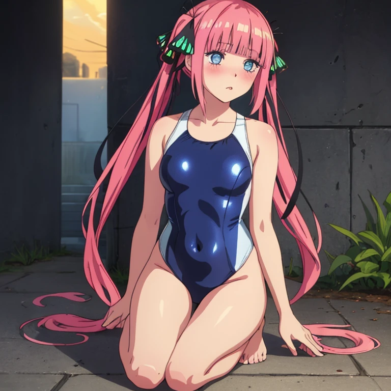 best quality, very aesthetic, Super detailed, best illustration, 1girl, one-piece swimsuit, bangs, pink_hair, blunt_bangs, hair_ornament, butterfly_hair_ornament, ribbon, black_ribbon, blue_eyes, blush, hair_ribbon, twintails, long_hair, nino, full_body