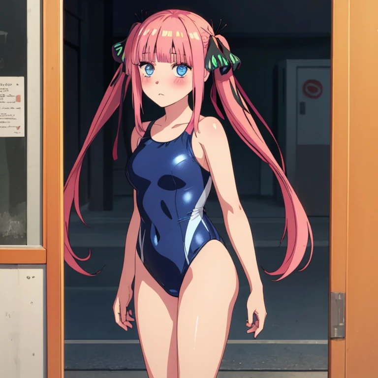 best quality, very aesthetic, Super detailed, best illustration, 1girl, one-piece swimsuit, bangs, pink_hair, blunt_bangs, hair_ornament, butterfly_hair_ornament, ribbon, black_ribbon, blue_eyes, blush, hair_ribbon, twintails, long_hair, nino, full_body