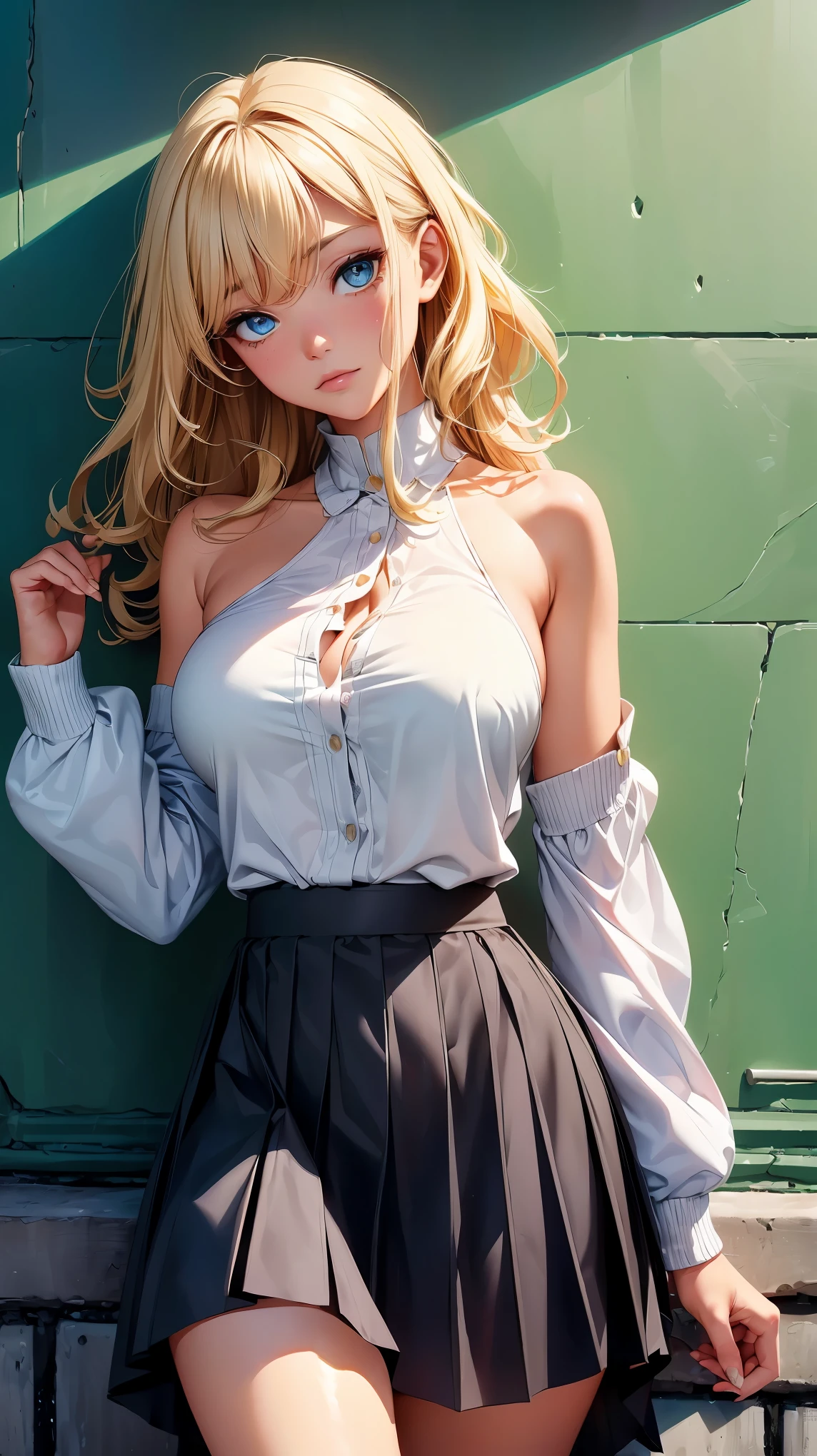 (8k, original photo, 最high quality, masterpiece: 1.2), HD RAW color photos, Professional photo shoot, Light, alone, (((young woman, gal))), (notable characteristics), (big eyes), (small face), (High detail skin: 1.2), clavicle, cute face, Beautiful appearance, long eyelashes, (rainbow hair, blue eyes), (beautiful :1.5), (slim:1.5), Very detailed顔と肌の質感, beautiful eyes, natural makeup, camel toe, ((blonde, Long bangs on one side, asymmetrical bangs, one eye hidden, curls)), slim, ((Shy:1.2)), big breasts, normal hip, blue eyes, cowboy shooting, (((Black off-the-shoulders:1.5, skirt, big breasts))), i like dating, 美丽的阳Light灿烂的日子, (((Background wall))), bright colors, happy company, Precious, A composition that highlights the beauty of girls, gazing eyes, beautiful skin, 有Light泽的皮肤, perfect fingers, five fingers, anatomically correct, background bokeh, high quality, Surrealism, bright colors, ((Very detailed, photo shoot)),