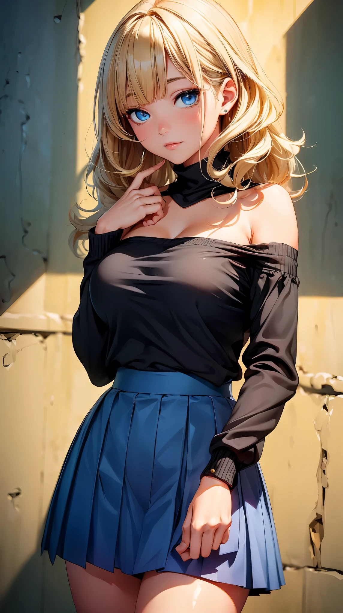 (8k, original photo, 最high quality, masterpiece: 1.2), HD RAW color photos, Professional photo shoot, Light, alone, (((young woman, gal))), (notable characteristics), (big eyes), (small face), (High detail skin: 1.2), clavicle, cute face, Beautiful appearance, long eyelashes, (rainbow hair, blue eyes), (beautiful :1.5), (slim:1.5), Very detailed顔と肌の質感, beautiful eyes, natural makeup, camel toe, ((blonde, Long bangs on one side, asymmetrical bangs, one eye hidden, curls)), slim, ((Shy:1.2)), big breasts, normal hip, blue eyes, cowboy shooting, (((Black off-the-shoulders:1.5, skirt, big breasts))), i like dating, 美丽的阳Light灿烂的日子, (((Background wall))), bright colors, happy company, Precious, A composition that highlights the beauty of girls, gazing eyes, beautiful skin, 有Light泽的皮肤, perfect fingers, five fingers, anatomically correct, background bokeh, high quality, Surrealism, bright colors, ((Very detailed, photo shoot)),