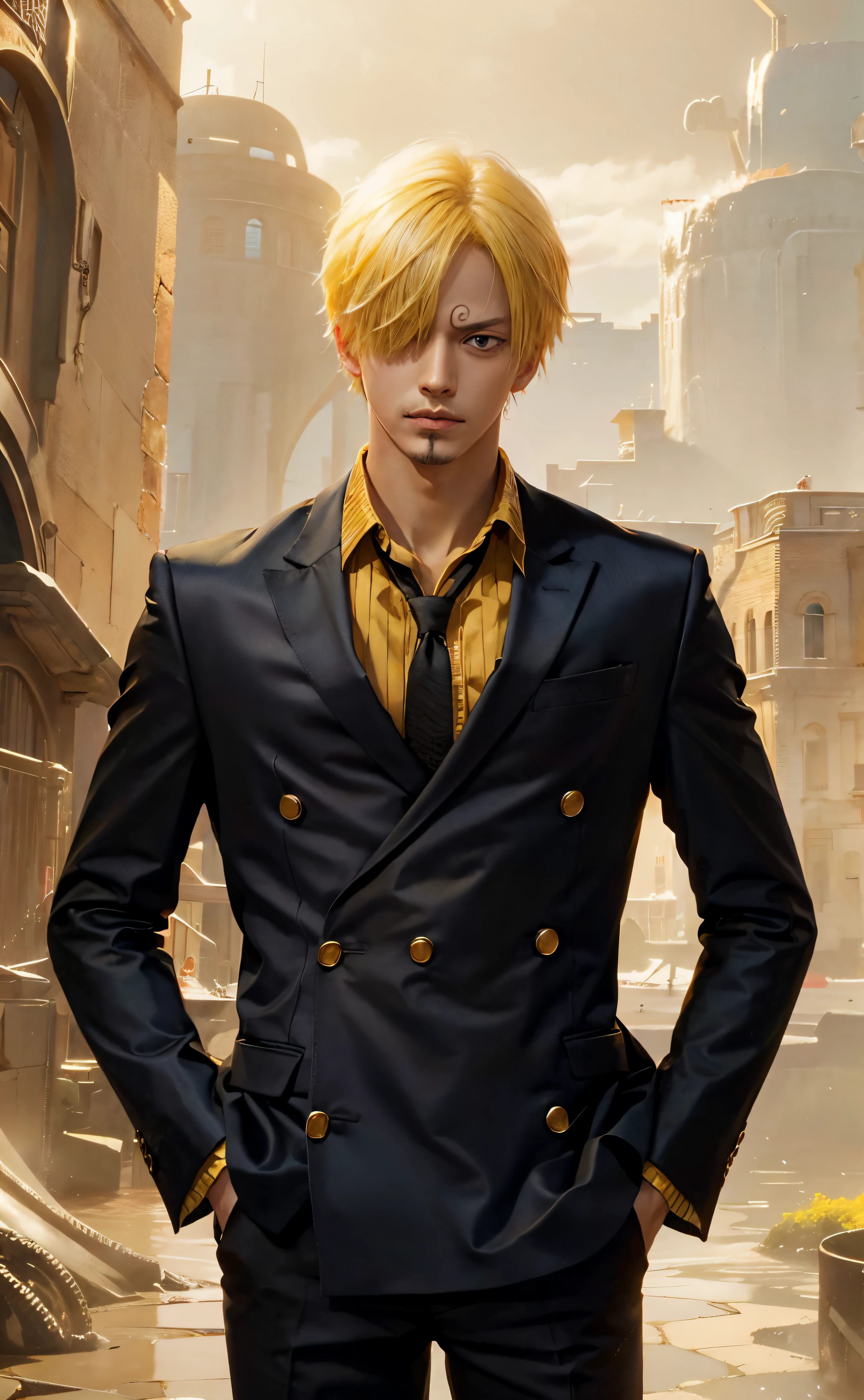 1 homme, Sanji dans l&#39;anime One Piece, cheveux courts , Cheveux blonds, yeux noirs, beau, vêtements noirs, réaliste clothes, Vêtements de détail, fond de ville, Ultra détaillé, réaliste