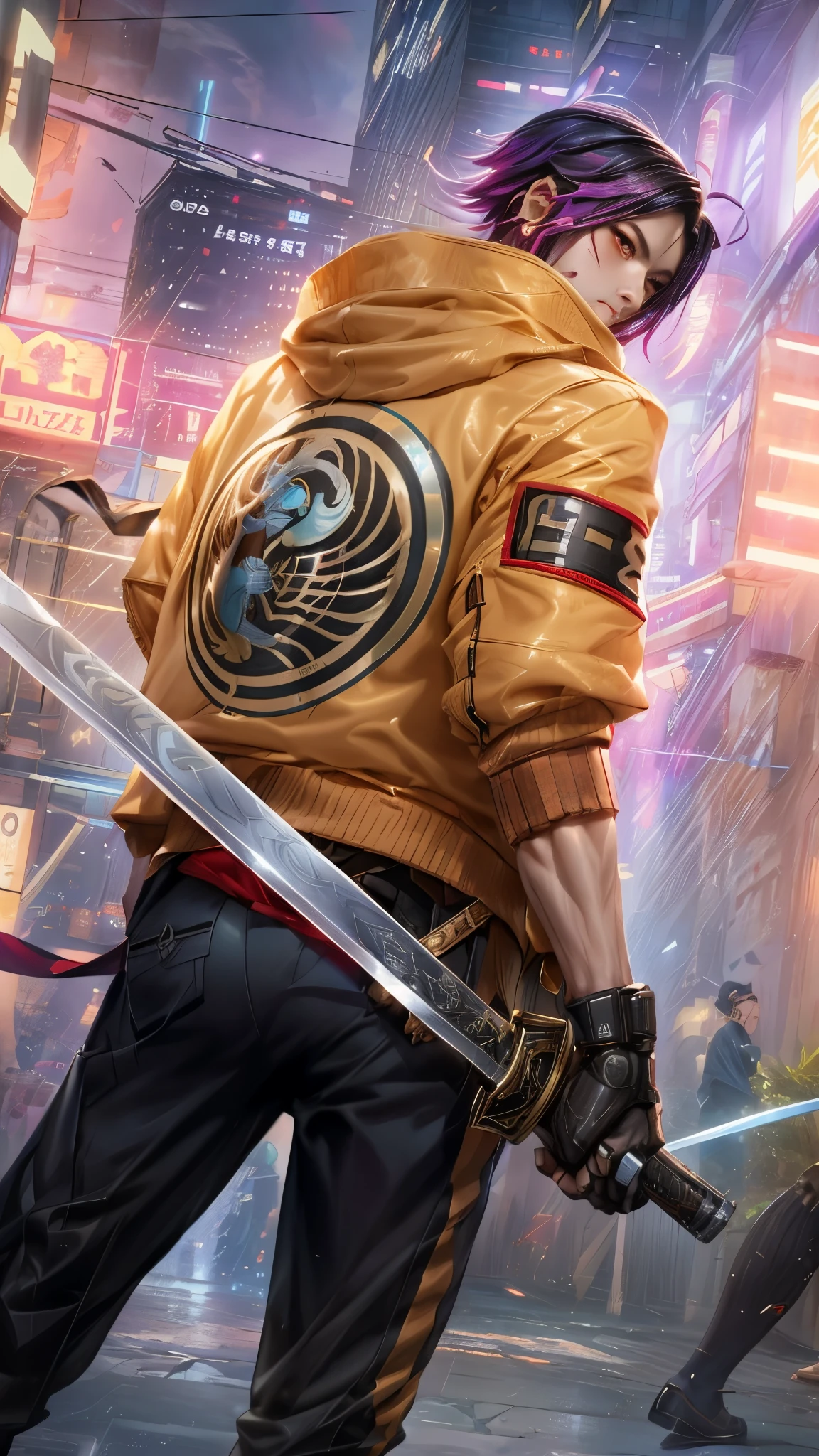 a close up of a man holding a sword in a city, inspired by Li Shida, an edgy teen assassin, ross tran and bayard wu, range murata and artgerm, digital cyberpunk anime art, detailed key anime art, extremely detailed artgerm, ross tran style, shadowrun splash art, stylized urban fantasy artwork