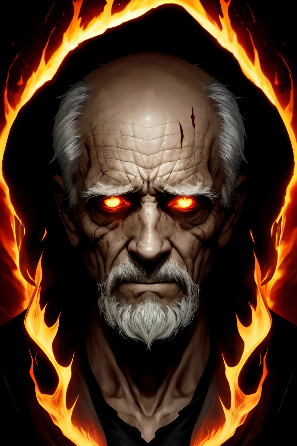 A chilling and suspenseful portrait of a very old man, hunched over and barely clinging to life. His waist up is visible, revealing a mere skeletal frame clad in tattered and torn rags. Half of his face has been distorted and melted, leaving only one penetrating and evil gaze, framed by sparse gray hair and pale, wrinkled skin. His yellowish pupils seem to burn with an inner fire that only adds to the fear and horror emanating from him. Thick plumes of red coloured smoke and dark gas rise in the background, shrouding the scene in a thick mist and fog. The man's long black cloak billows in the