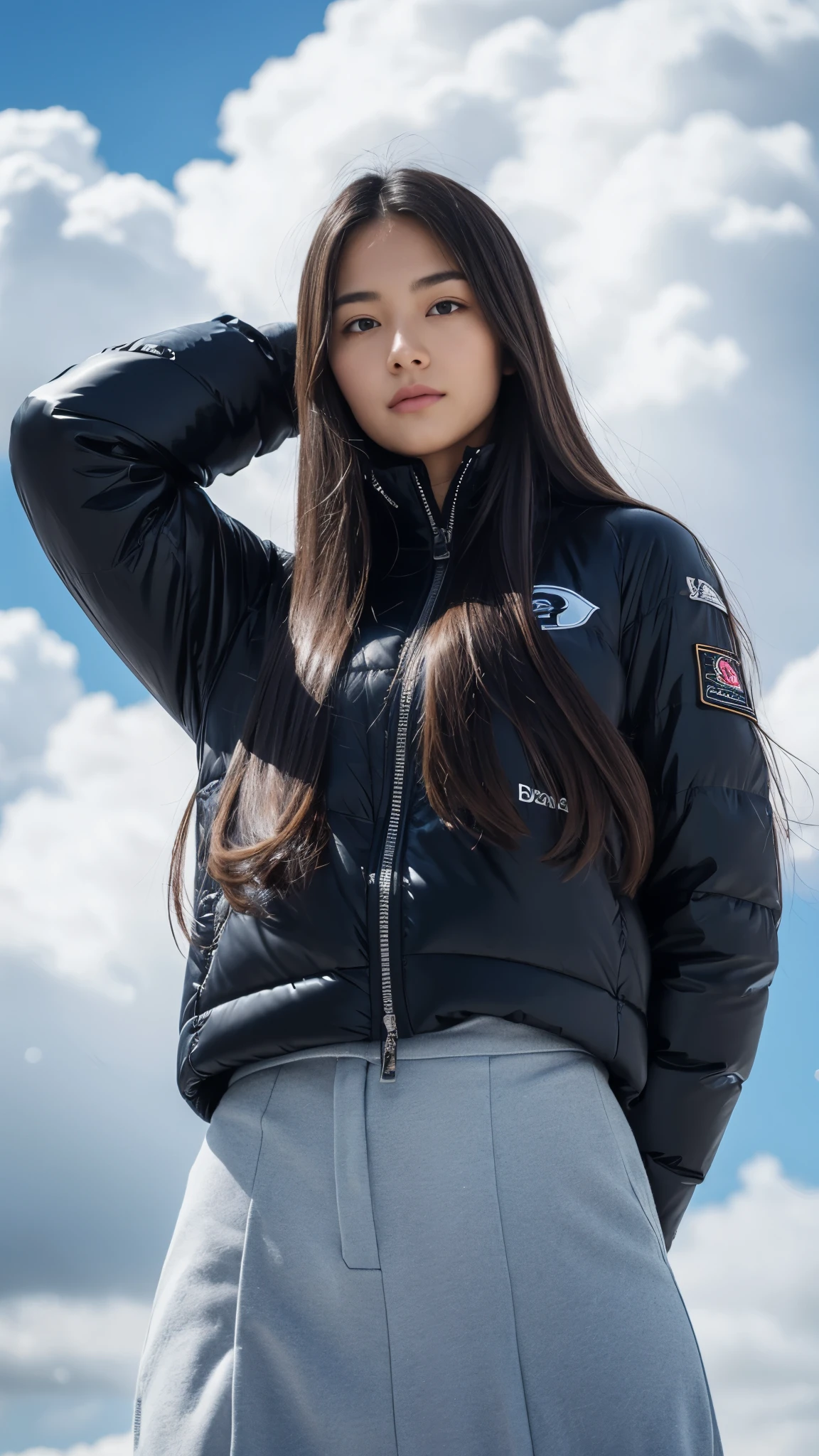 Female1, face, long hair, tight skirt, Huge clouds, I can see a little panties, big, Pabu gloss, 8 thousand, Hand details, Details, detailed eyes, perfect body, Voluminous body, Sexy Snowboard Uniform, Dolphin pants, small face, detailed face, perfect face, 아주 big 가슴, Small Hands, balance eye,