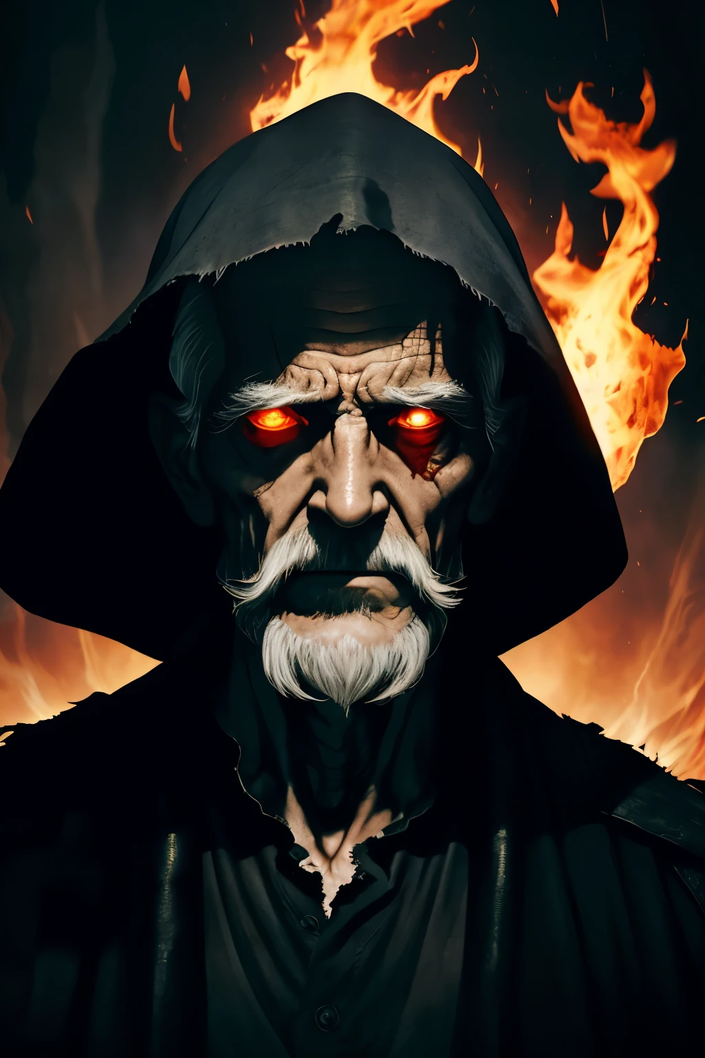 A chilling and suspenseful portrait of a very old man, hunched over and barely clinging to life. His waist up is visible, revealing a mere skeletal frame clad in tattered and torn rags. Half of his face has been distorted and melted, leaving only one penetrating and evil gaze, framed by sparse gray hair and pale, wrinkled skin. His yellowish pupils seem to burn with an inner fire that only adds to the fear and horror emanating from him. Thick plumes of red coloured smoke and dark gas rise in the background, shrouding the scene in a thick mist and fog. The man's long black cloak billows in the