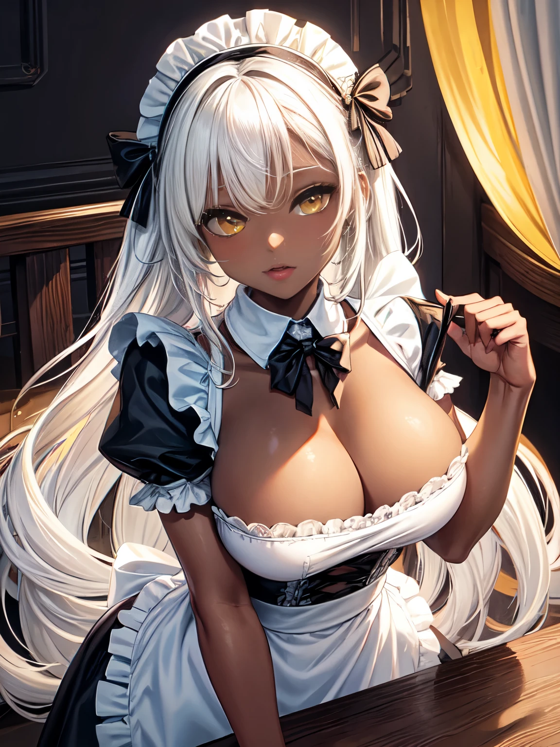 a close up of a sexy maid playing with her hands while wearing a maid outfit, 1girl, breasts, maid headdress, solo, apron, halo, yellow eyes, dark-skinned female, cleavage, long hair, large breasts, dark skin, maid, white hair, jewelry, short sleeves, bow, looking at viewer, blue bow