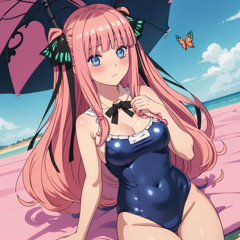best quality, very aesthetic, Super detailed, best illustration, 1girl, one-piece swimsuit, bangs, pink_hair, blunt_bangs, hair_ornament, butterfly_hair_ornament, ribbon, black_ribbon, blue_eyes, blush, hair_ribbon, twintails, long_hair, nino, full_body, smail