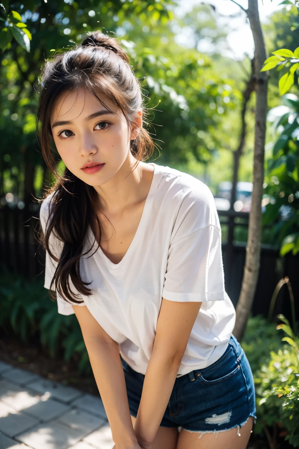 (8K, RAW photo, highest quality, High resolution:1.1), (hyperrealistic:1.4),(realistic, photorealistic:1.3), soft light,realistic face,realistic body,realistic skin,disorganized,masterpiece,(cute:1.8),(leaning forward:1.8),(From above:1.2),(close:1.4),crawl on all fours,throw,( Detailed colorful loose fitting t-shirt:1.2),(Beautiful breasts:0.9),(long hair,ponytail),(big:1.2),cleavage,fine black eyes,innocent eyes,droopy eyes,Watery eye,open lips,blush,good style,colorful lights,film Grain,close,look viewer,full Body,Depth of field, blurred background,Eye focus,young,85mm lens, f/ 1.4,professional lighting,portrait,photon mapping,radio city,Physically based rendering,Transparency,japanese girl,forest with sunshine,Sunny,outdoor