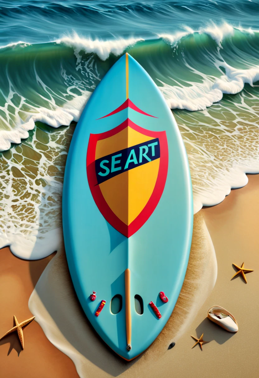 a surfboard with a shield drawn on the bottom where it says, "seaart". (best quality,4k,highres),zentangle art,surfboard,origami,a surfboard with a shield drawn on the bottom where it says, "seaart",detailed patterns,dark color palette,creative lighting,sharp focus,line art,fine details,vibrant colors,abstract representation,beach scene,water waves,summer vibes,relaxing atmosphere,crisp edges,artistic composition,contrast of textures,stylized elements,hand-drawn feel,natural elements,beautiful craftsmanship,impressive intricacy,unique design,inspired by nature,artistic expression,harmonious balance,wave-inspired motifs,abstract and symbolic elements, a surfboard with a shield drawn on the bottom where it says, "seaart"