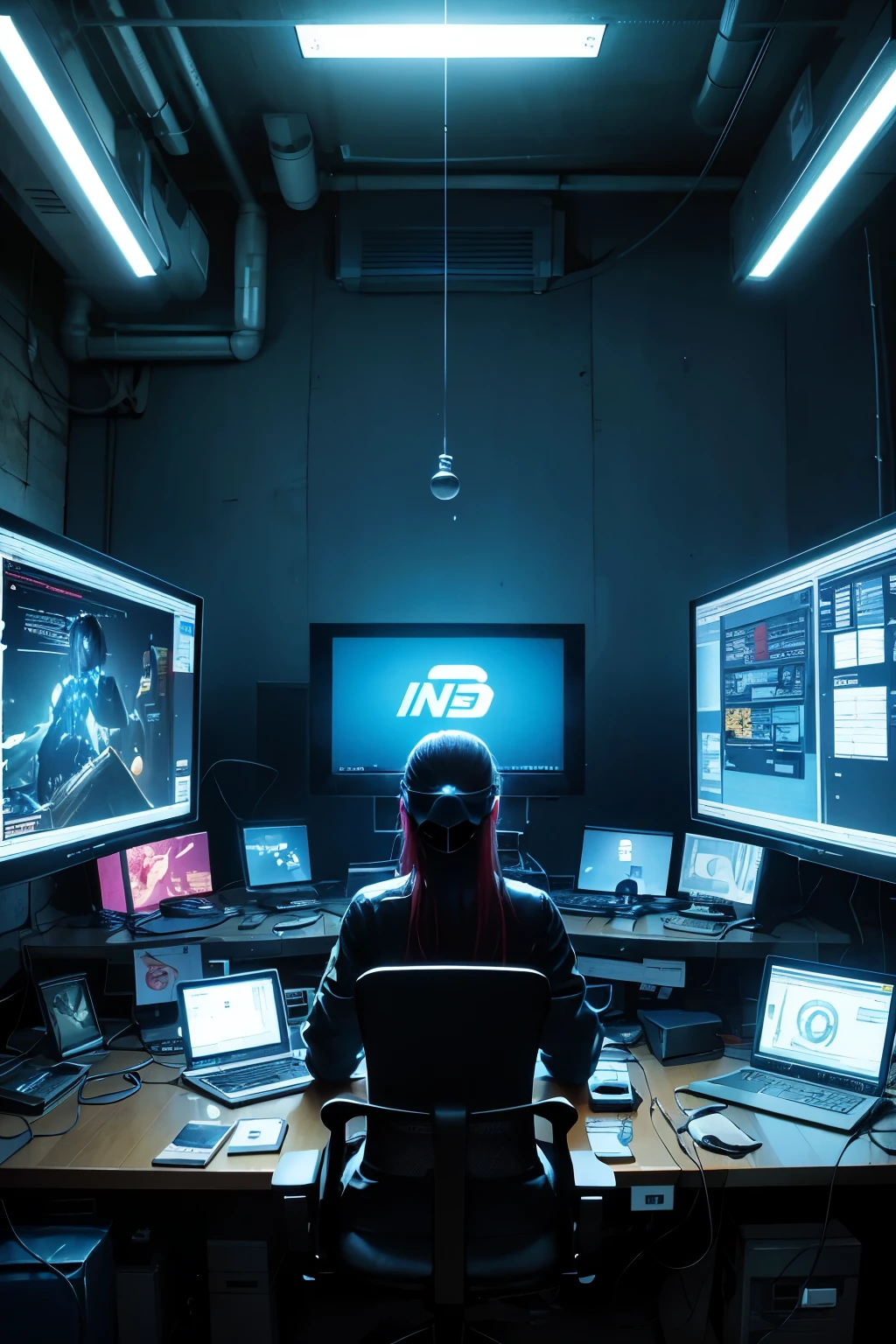VPN realism, ultra high definition, hyper realistic, detailed representation, cyber cafe setting, computer screens displaying lines of code, glow of monitors, intricate wiring and cables, intense focus on the characters' faces, beads of sweat on their foreheads, impatient expressions, hands typing rapidly, background noise of clicking keys, vibrant colors contrasting with the cool blue tones of the computer area, attention to textures and shadows, immersive and atmospheric, best quality, virtual reality experience, realistic 3D environment, bring the world of VPNs to life, photo-realistic graphics, stunning visuals.