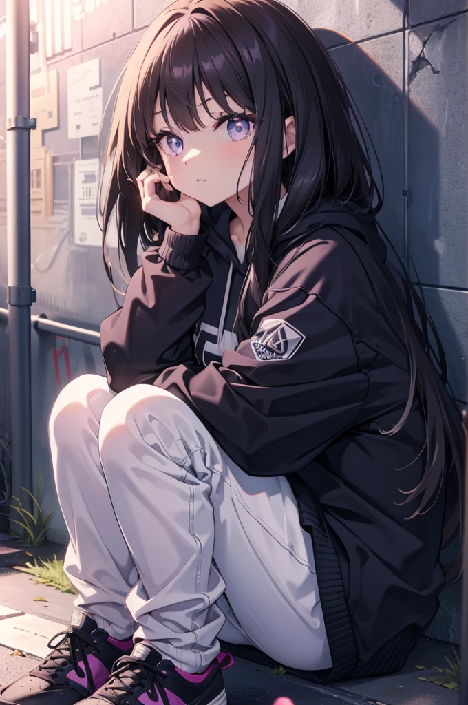Takiinoue, Takina Inoue, long hair, bangs, black hair, Long Straight, (purple eyes:1.2), (small breasts:1.2), Long Straightヘア,Blue hoodie,plus size long pants,brown high cut sneakers,back alley in town,sitting leaning against the wall,blowing bubblegum,Hip Hop Fashion,graffiti wall, break (masterpiece:1.2), highest quality, High resolution, unity 8k wallpaper, (figure:0.8), (beautiful and fine eyes:1.6), highly detailed face, perfect lighting, Very detailed CG, (perfect hands, perfect anatomy),