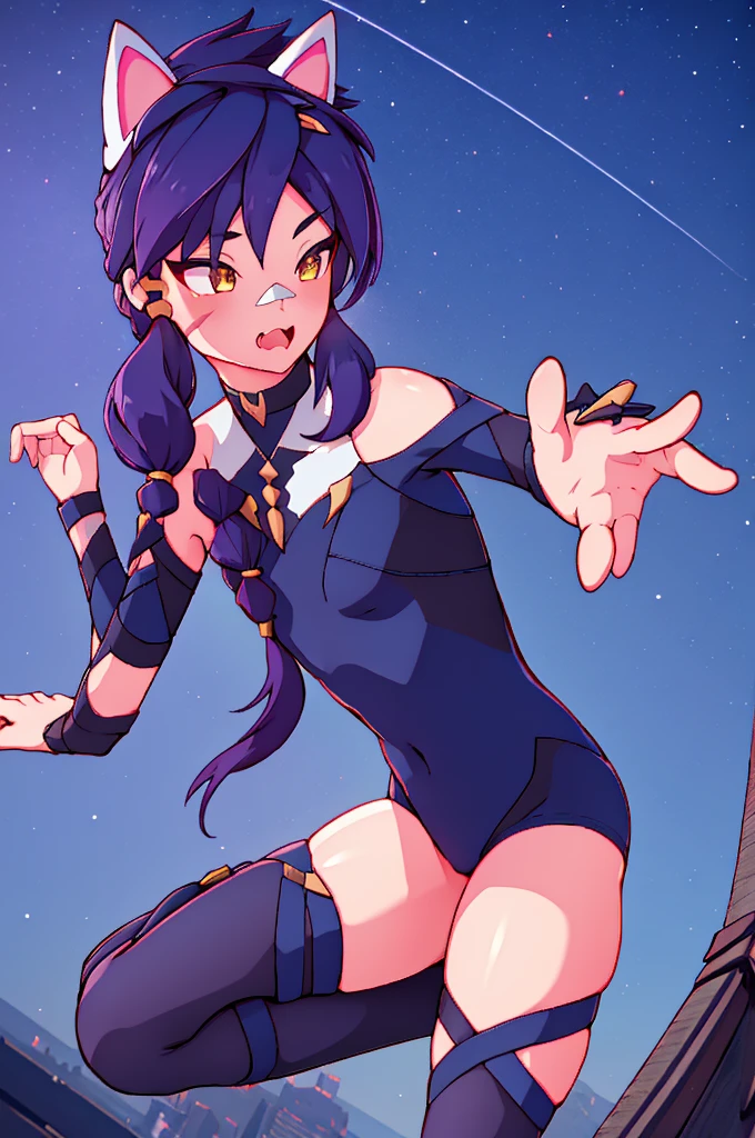 Erisa, skin tight outfit, butt, seductive, small chest, thick thighs, 1girl, fake animal ears 1 fang, night sky view, realistic, best quality, masterpiece, ultra detail, ultra high res, extreme detail,8k