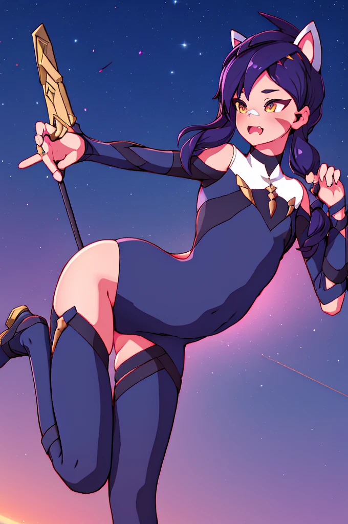 Erisa, skin tight outfit, butt, seductive, small chest, thick thighs, 1girl, fake animal ears 1 fang, night sky view, realistic, best quality, masterpiece, ultra detail, ultra high res, extreme detail,8k