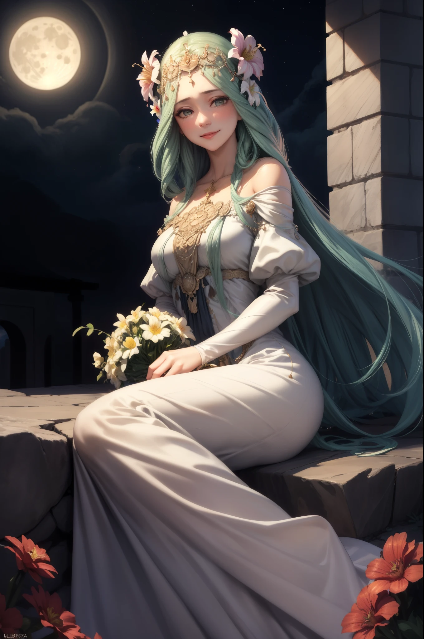 masterpiece, best quality, altRhea, hair flower, tiara, off-shoulder dress, sundress, night, garden, marble stone architecture, looking at viewer, tears in eyes, smile, moon