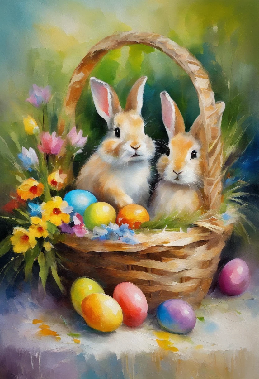2 little rabbits inside a wooden basket with colorful easter eggs and flowers in an easter art holiday atmosphere, watercolor art, masterpiece, soft bright colors, soft light, easter holiday decor, 8K, detailed, highest quality artwork, impresionist, oil paint