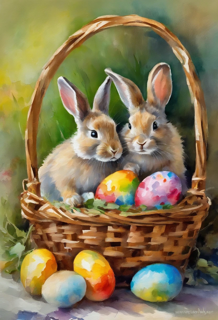 2 little rabbits inside a wooden basket with colorful easter eggs and flowers in an easter art holiday atmosphere, watercolor art, masterpiece, soft bright colors, soft light, easter holiday decor, 8K, detailed, highest quality artwork, impresionist, oil paint
