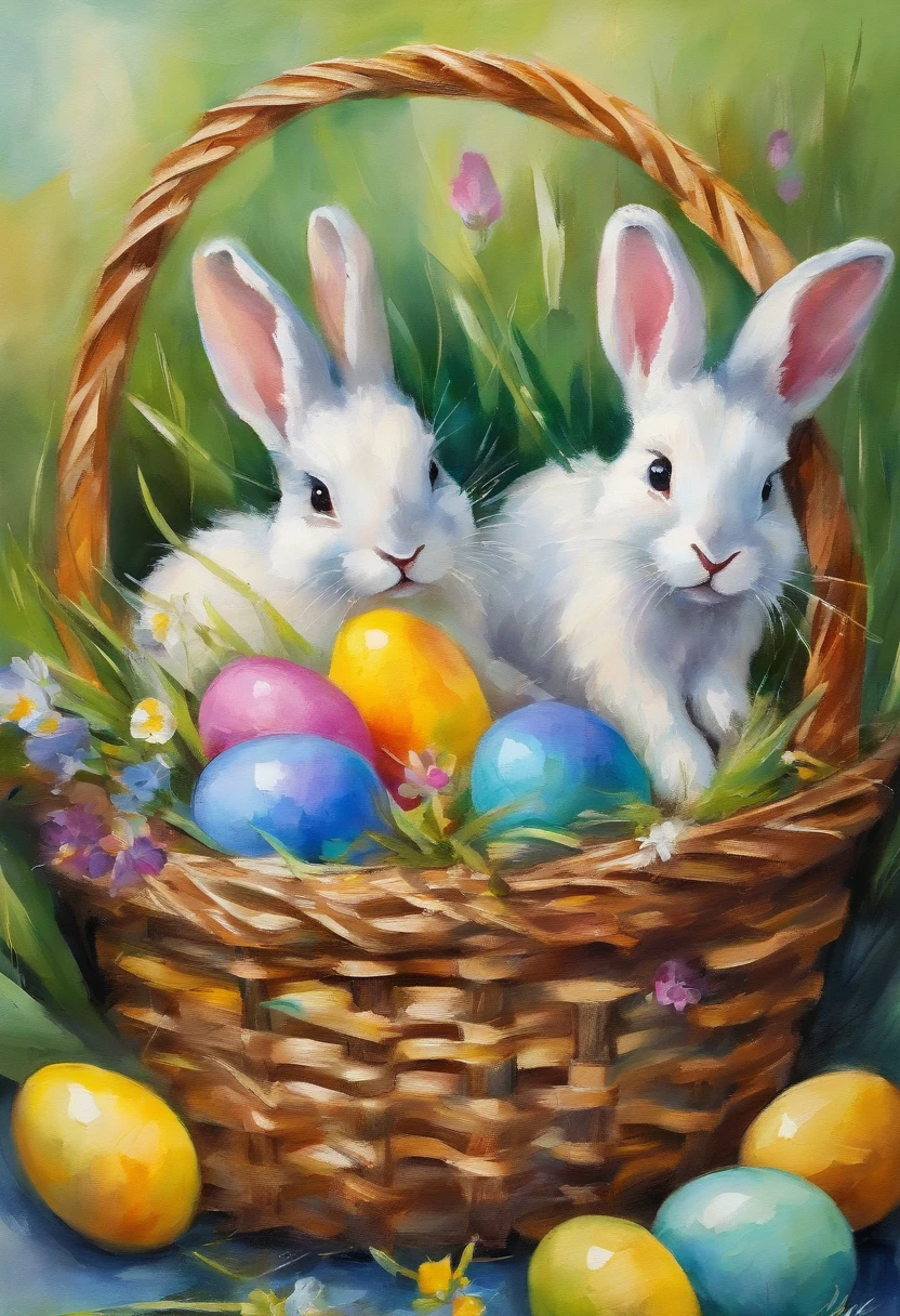 2 little rabbits inside a wooden basket with colorful easter eggs and flowers in an easter art holiday atmosphere, watercolor art, masterpiece, soft bright colors, soft light, easter holiday decor, 8K, detailed, highest quality artwork, impresionist, oil paint 
