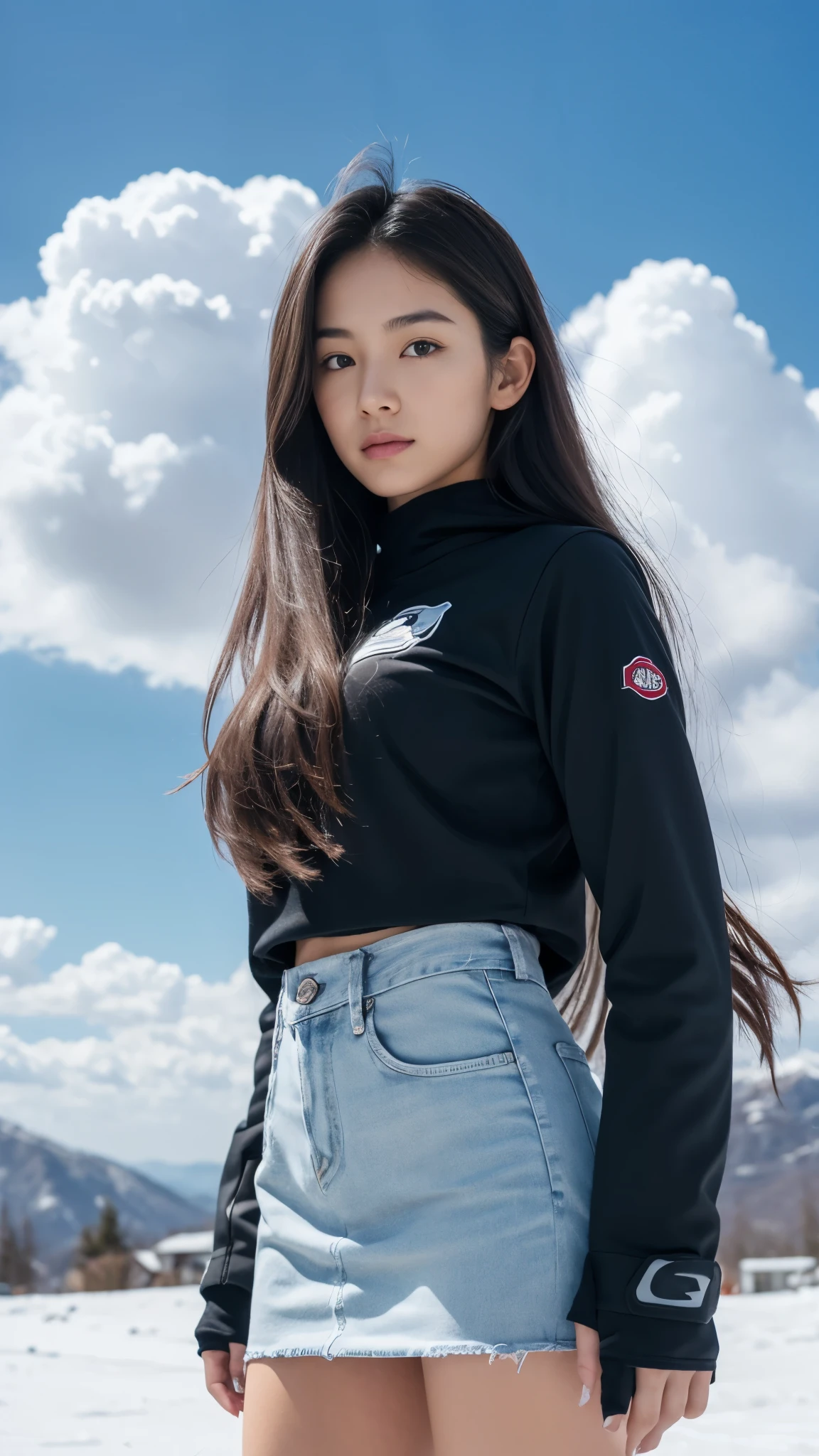 Female1, face, long hair, tight skirt, Huge clouds, I can see a little panties, big, Pabu gloss, 8 thousand, Hand details, Details, detailed eyes, perfect body, Voluminous body, Sexy Snowboard Uniform, Dolphin pants, small face, detailed face, perfect face, 아주 big 가슴, Small Hands, balance eye,