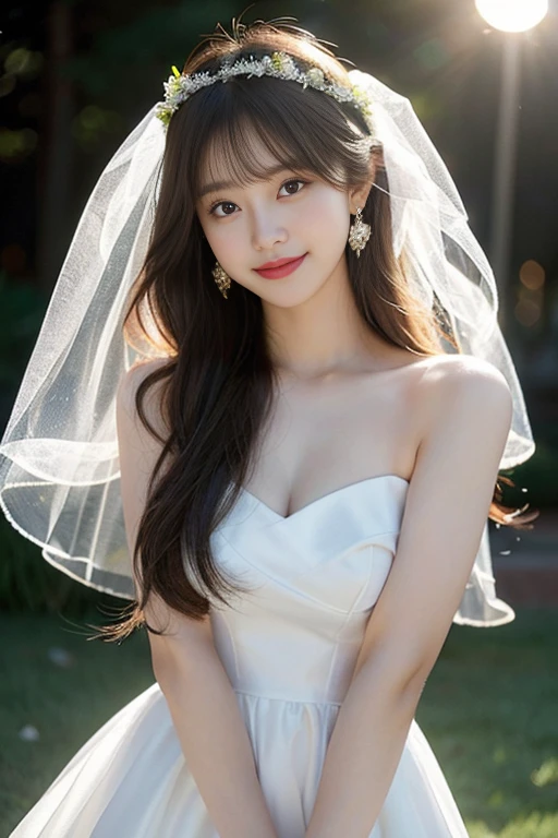1 girl,very bright backlight,alone,{beautiful and detailed eyes},big breasts,dazzling moonlight,calm expression,natural soft light,hair blown by the breeze,delicate features,dull bangs,beautiful korean girl,with a smile in your eyes,very small earrings,wearing a wedding dress, veil and wreath,23 years old,film grain,real hands,shy smile、whole body、full body