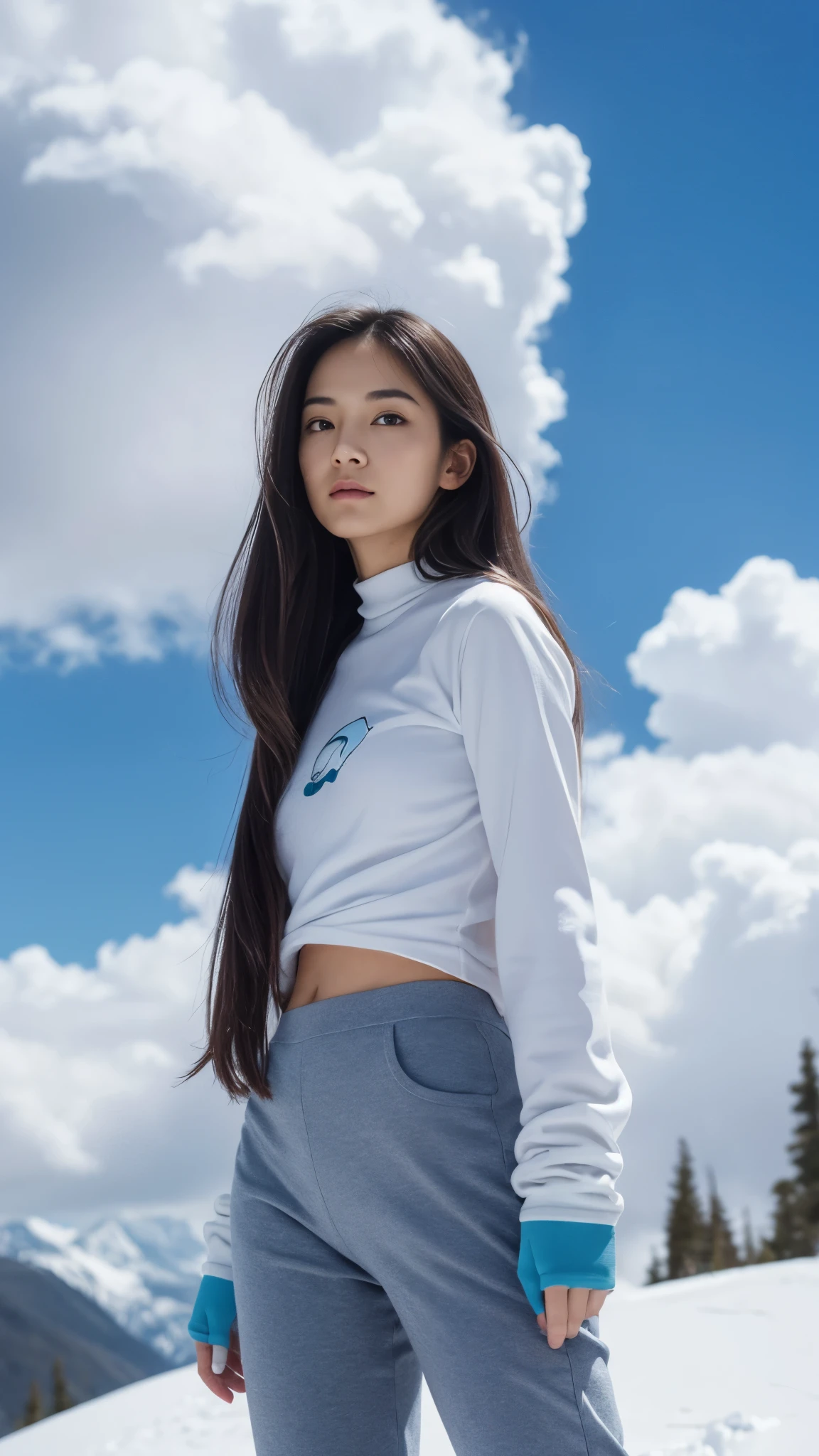 Female1, face, long hair, tight skirt, Huge clouds, I can see a little panties, big, Pabu gloss, 8 thousand, Hand details, Details, detailed eyes, perfect body, Voluminous body, Sexy Snowboard Uniform, Dolphin pants, small face, detailed face, perfect face, 아주 big 가슴, Small Hands, balance eye,