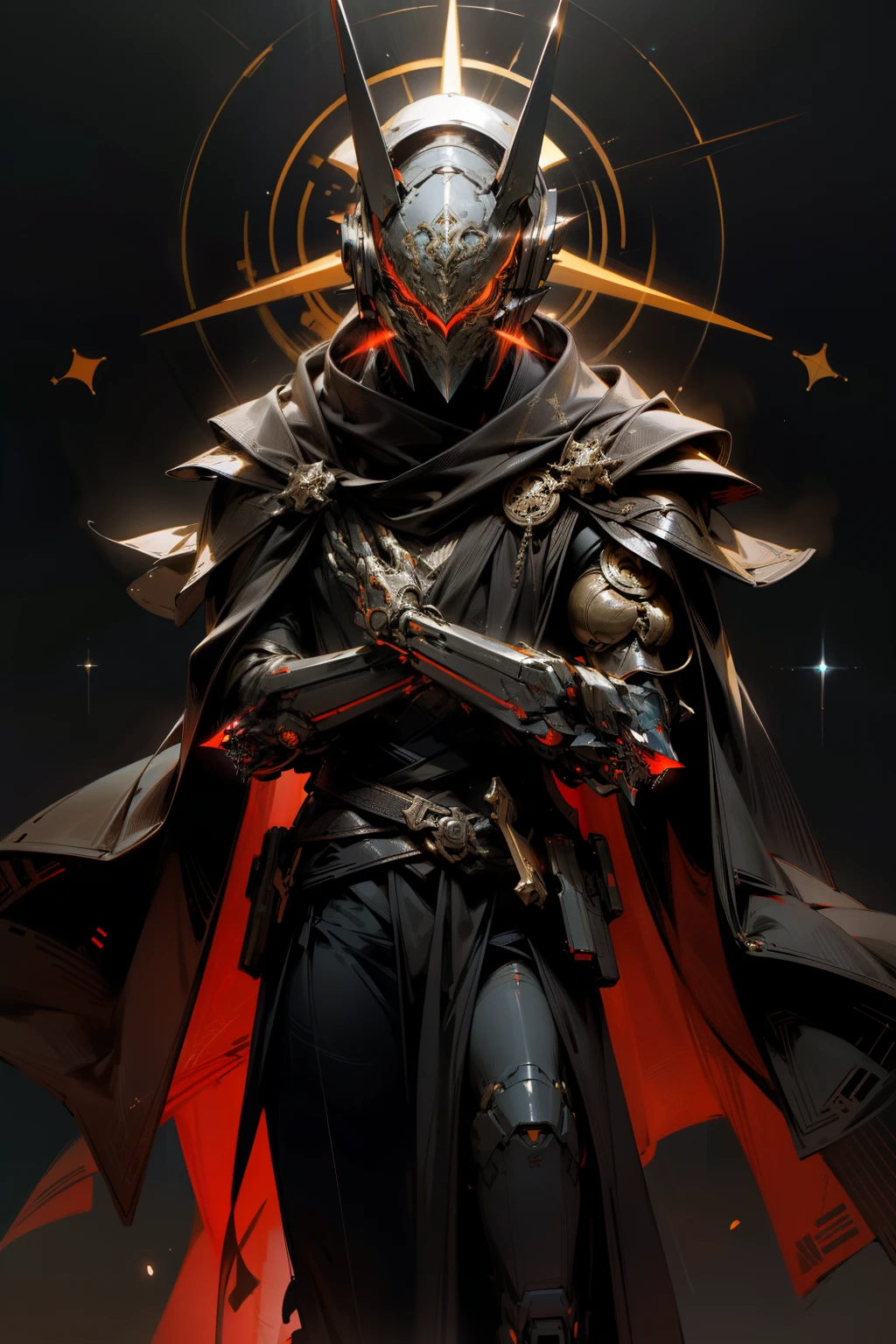In the depths of a galactic metropolis, a masked figure emerges from the shadows. Clad in a realistic, shimmering cloak and scarf, he dons a stunning, shiny mask imbued with bioluminescent runes of a radiant red hue. The mask's complex design reveals intricate Cybernetic Mecha elements, hinting at his enigmatic identity as an assassin.
The Mecha mask's gleaming surface reflects the dimly lit, dark background, creating an ethereal, high-contrast silhouette. The glowing runes illuminate the nocturnal scene with an otherworldly aura, making this