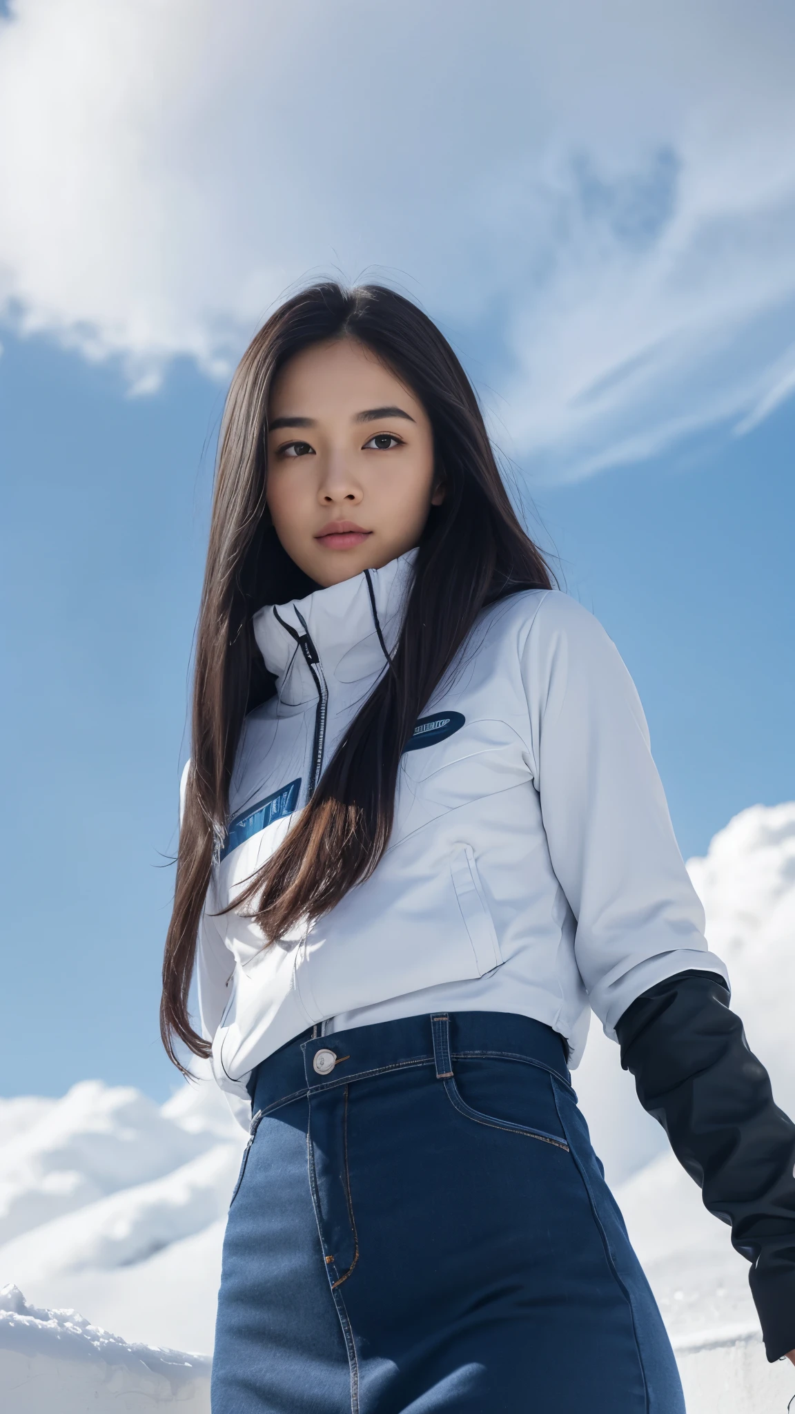 Female1, face, long hair, tight skirt, Huge clouds, big, Pabu gloss, 8 thousand, Hand details, Details, detailed eyes, perfect body, Voluminous body, Sexy Snowboard Uniform, Dolphin pants, small face, detailed face, perfect face, 아주 big 가슴, Small Hands, huge snow scene,