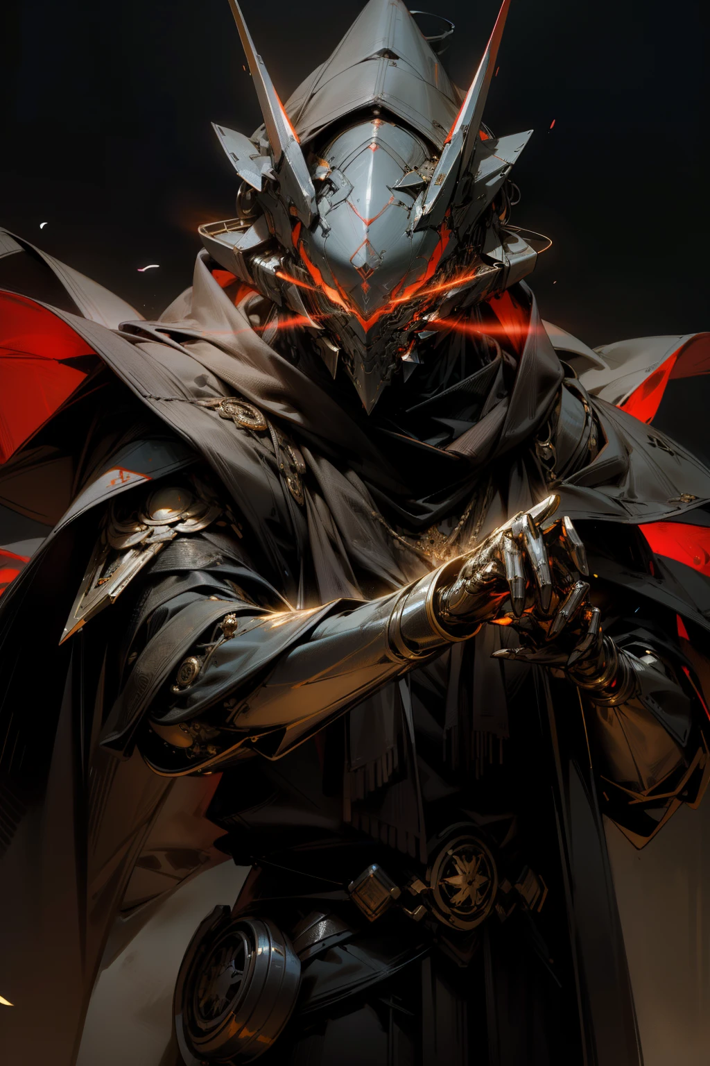 In the depths of a galactic metropolis, a masked figure emerges from the shadows. Clad in a realistic, shimmering cloak and scarf, he dons a stunning, shiny mask imbued with bioluminescent runes of a radiant red hue. The mask's complex design reveals intricate Cybernetic Mecha elements, hinting at his enigmatic identity as an assassin.
The Mecha mask's gleaming surface reflects the dimly lit, dark background, creating an ethereal, high-contrast silhouette. The glowing runes illuminate the nocturnal scene with an otherworldly aura, making this