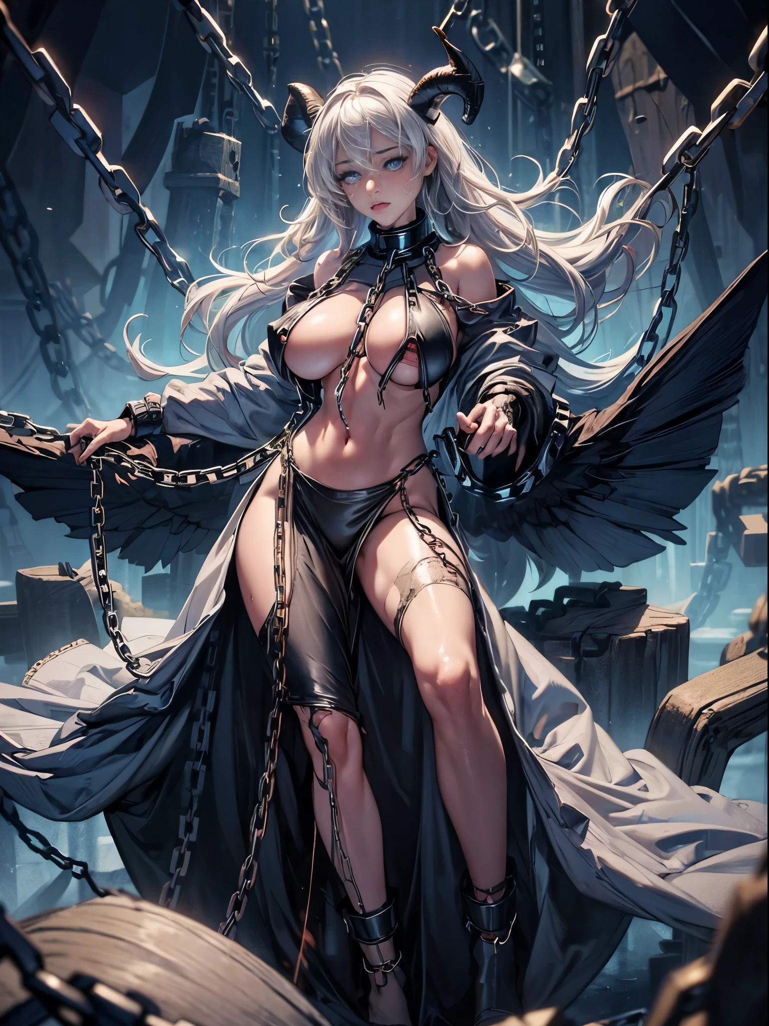 (RAW shooting:1.5, realistic:1.5, 8K), (highest quality, masterpiece, ultra high resolution), dark underground prison, (perfect dynamic composition:1.6) Highly detailed skin and facial textures:1.3, Detail of limbs, 1 girl, Cute sexy slim succubus with wings, Horn, Fair skin, open your legs, (wear heavily torn clothes correctly:1.2), Huge breasts that are about to explode, Do not show areola, big chest gap, (The expression on your face when you feel intense caress, Facial expression when feeling pleasure, A look drowning in pleasure, Are crying), beautiful blue eyes, Eyes that feel beautiful eros, sexy face, blush, (Too erotic and cute), ((Lots of chains:1.7, tied up with giant shackles:1.7, tied up with a huge chain:1.8, An incomprehensible amount of liquid flows throughout the body:1.9)), super long white blonde curly hair, View from the knee up