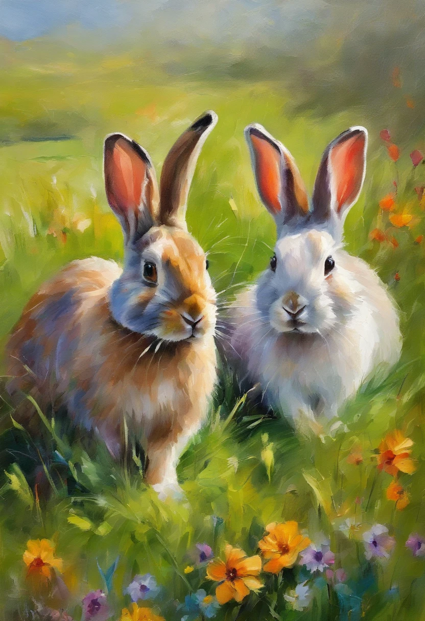 2 rabbits inside on a grassy field with colorful easter eggs and wild flowers in an easter art holiday atmosphere, watercolor art, masterpiece, soft bright colors, soft light, easter holiday decor, 8K, detailed, highest quality artwork, impresionist, oil paint