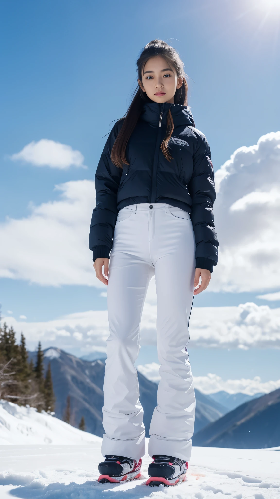 Female1, face, long hair, tight skirt, Huge clouds, I can see a little panties, big, Pabu gloss, 8 thousand, Hand details, Details, detailed eyes, perfect body, Voluminous body, Sexy Snowboard Uniform, Dolphin pants, small face, detailed face, perfect face, 아주 big 가슴, Small Hands, balance eye,