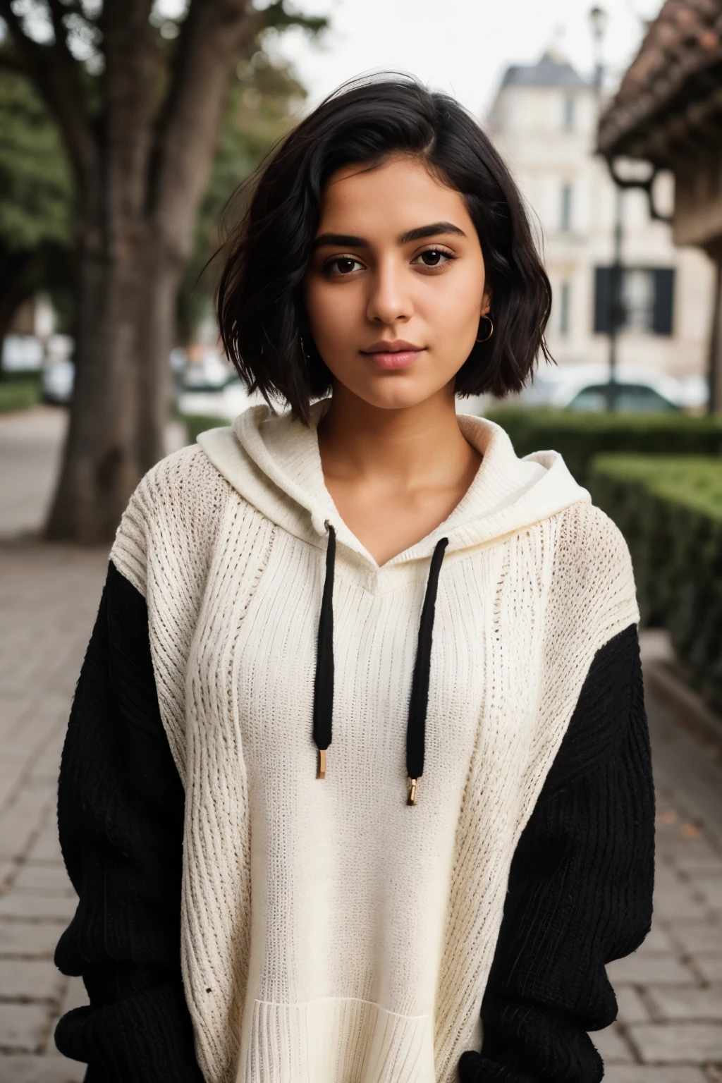instagram photo, 21yo french woman, short hair, black hair, closeup portrait, sweater, pale, hard shadows. Make Best Indian Relaistic version. Best Dress wear black hoody