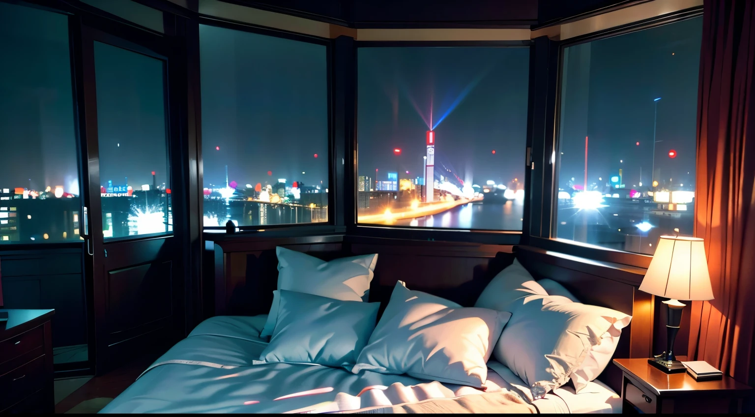((masterpiece), best quality, ultra realistic, super detailed, [(raw photo, 8k, ultra high res:1.1)], [nightlight:1.2], good contrast, [(32k:0.6, ultra realistic:0.8)], (bedroom:1.1)), Gray satin bed in the centre, Wide window on the side, City Night view.