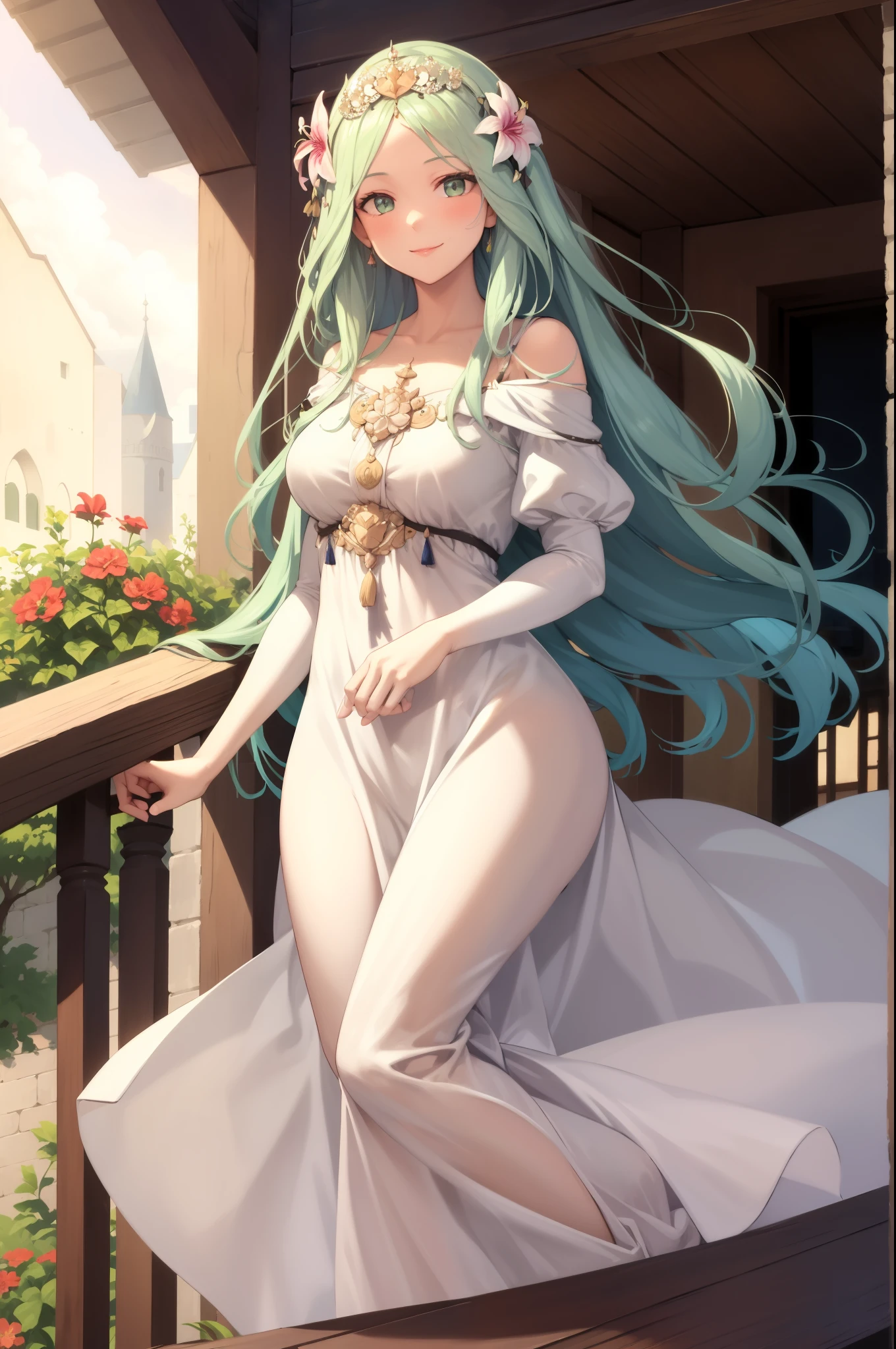 masterpiece, best quality, altRhea, hair flower, tiara, off-shoulder dress, sundress, garden, flowers, upper body, balcony, looking at viewer, smile 