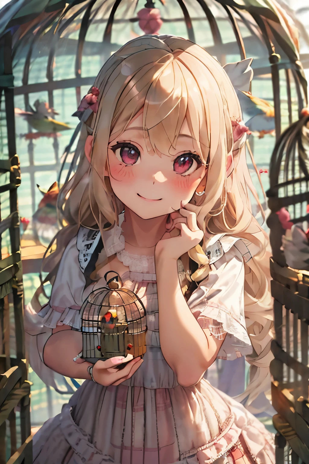 girl,cute,(blonde:1.2),(long hair with curls:1.2),(With bangs),(Eye size:1.5),(Plaid dress:1.3),(dress with lots of lace:1.35),(blush:1.2),(girl in bird cage:1.6),(Smile slightly:1.1),(close up of face:1.3),(Birds are flying:1.35),