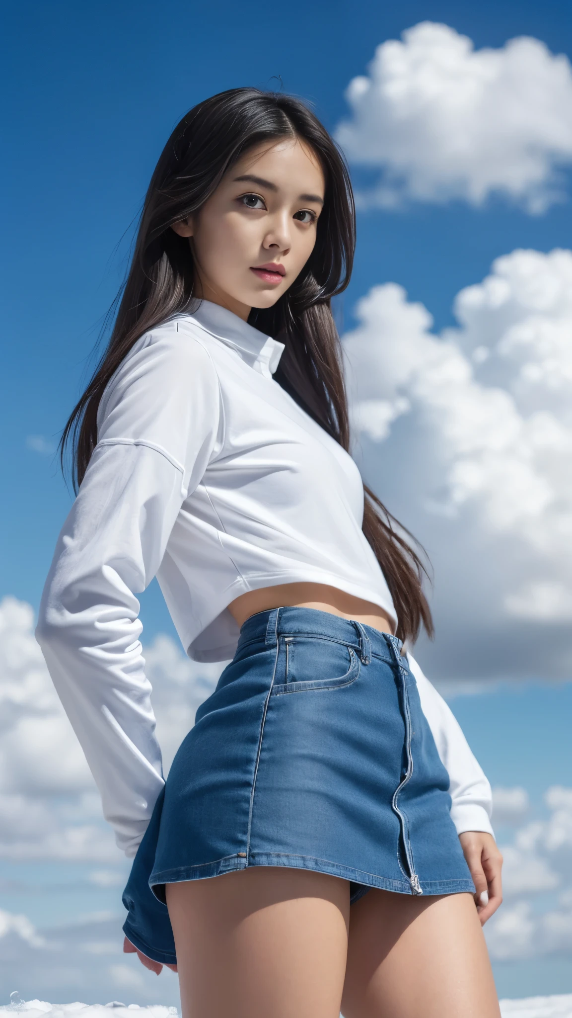 Female1, face, long hair, tight skirt, Huge clouds, I can see a little panties, big, Pabu gloss, 8 thousand, Hand details, Details, detailed eyes, perfect body, Voluminous body, Sexy Snowboard Uniform, Dolphin pants, small face, detailed face, perfect face, 아주 big 가슴, Small Hands, balance eye,