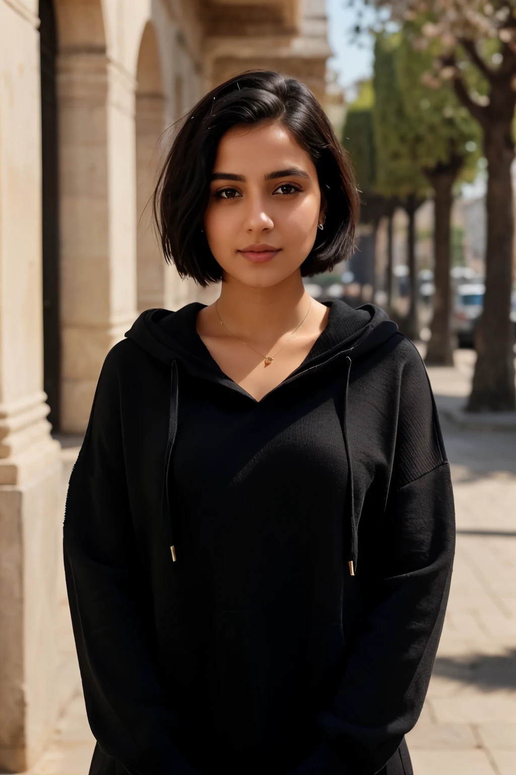 instagram photo, 21yo french woman, short hair, black hair, closeup portrait, sweater, pale, hard shadows. Make Best Indian Relaistic version. Best Dress wear black hoody. Make More Realistic Indian