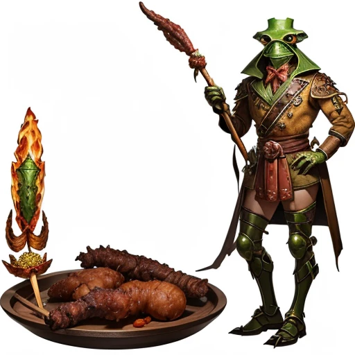DnD magic item,
name - ( ((fried Frog_Leg)) ),
description - ( ((coocked frog_leg, leg on the stick, on the stick, food, piece of frog, meat)) )