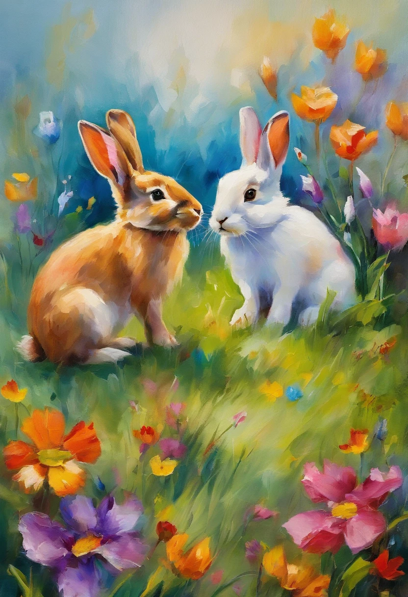 2 rabbits inside on a grassy field with colorful easter eggs and beautiful wild flowers, beautiful sky, bright colors, easter art holiday atmosphere, watercolor art, masterpiece, soft bright colors, soft light, easter holiday decor, 8K, detailed, highest quality artwork, impresionist, oil paint
