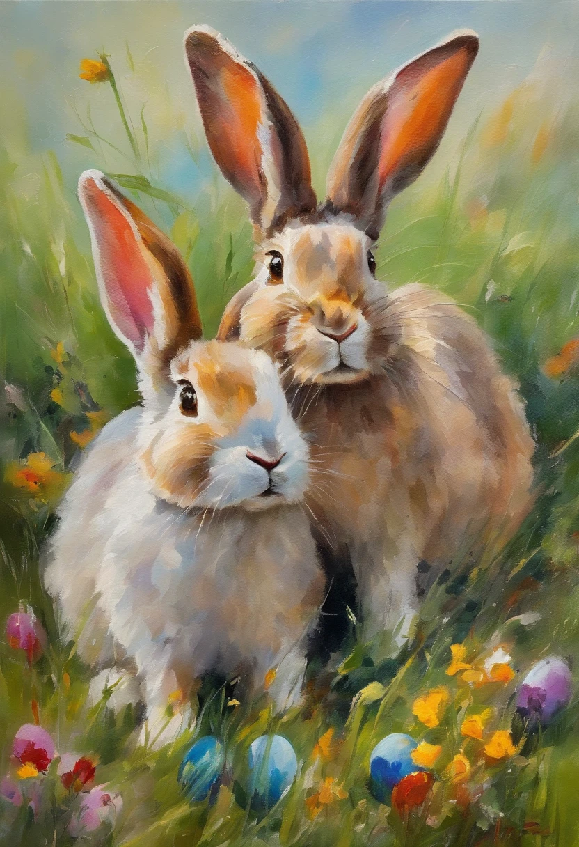2 rabbits inside on a grassy field with colorful easter eggs and beautiful wild flowers, beautiful sky, bright colors, easter art holiday atmosphere, watercolor art, masterpiece, soft bright colors, soft light, easter holiday decor, 8K, detailed, highest quality artwork, impresionist, oil paint
