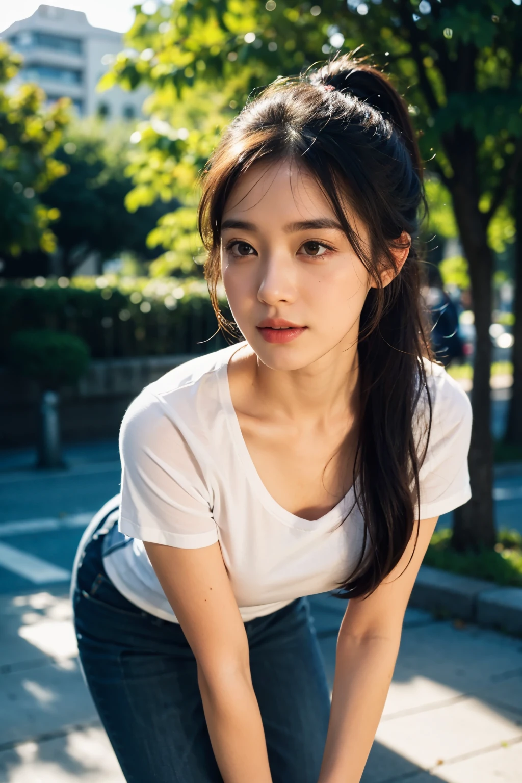 (8K, RAW photo, highest quality, High resolution:1.1), (hyperrealistic:1.4),(realistic, photorealistic:1.3), soft light,realistic face,realistic body,realistic skin,disorganized,masterpiece,(cute:1.8),(leaning forward:1.8),(From above:1.2),(close:1.4),crawl on all fours,throw,( Detailed colorful loose fitting t-shirt:1.2),(Beautiful breasts:0.9),(long hair,ponytail),(big:1.2),cleavage,fine black eyes,innocent eyes,droopy eyes,Watery eye,open lips,blush,good style,colorful lights,film Grain,close,look viewer,full Body,Depth of field, blurred background,Eye focus,young,85mm lens, f/ 1.4,professional lighting,portrait,photon mapping,radio city,Physically based rendering,Transparency,japanese girl,forest with sunshine,Sunny,outdoor