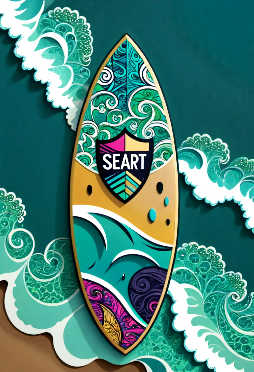 a surfboard with a shield drawn on the bottom where it says, "seaart". (best quality,4k,highres),zentangle art,surfboard,origami,a surfboard with a shield drawn on the bottom where it says, "seaart",detailed patterns,dark color palette,creative lighting,sharp focus,line art,fine details,vibrant colors,abstract representation,beach scene,water waves,summer vibes,relaxing atmosphere,crisp edges,artistic composition,contrast of textures,stylized elements,hand-drawn feel,natural elements,beautiful craftsmanship,impressive intricacy,unique design,inspired by nature,artistic expression,harmonious balance,wave-inspired motifs,abstract and symbolic elements, a surfboard with a shield drawn on the bottom where it says, "seaart"
