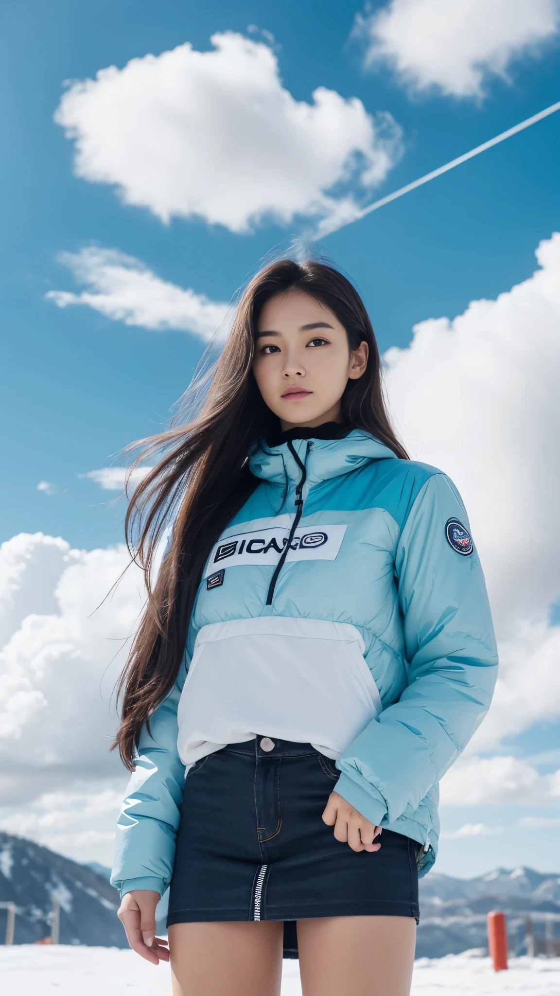 Female1, face, long hair, tight skirt, Huge clouds, I can see a little panties, big, Pabu gloss, 8 thousand, Hand details, Details, detailed eyes, perfect body, Voluminous body, Sexy Snowboard Uniform, Dolphin pants, small face, detailed face, perfect face, 아주 big 가슴, Small Hands, balance eye,