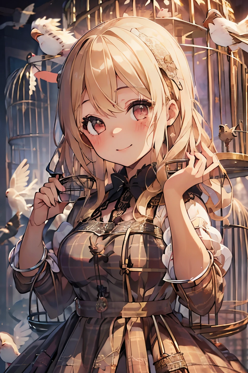 girl,cute,(blonde:1.2),(long hair with curls:1.2),(With bangs),(Eye size:1.5),(Plaid dress:1.3),(dress with lots of lace:1.35),(blush:1.2),(girl in cage:1.6),(Smile slightly:1.1),(close up of face:1.3),(Birds are flying:1.35),