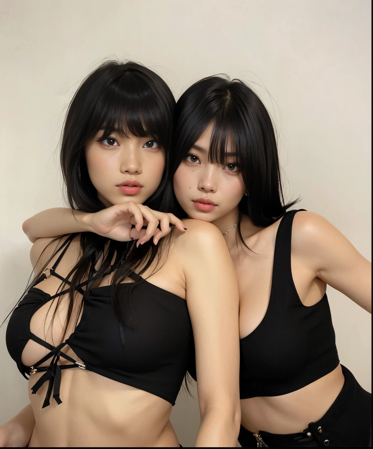 Two women in black blouses posing for a photo in a room., posando juntos en sujetador, beautiful gemini izos, beautiful gemini mell portrait, ella tiene el pelo negro coquillo, foto de perfil, dos modelos en el marco, con un gemelo, inspirado en Kim Jennie, Lalisa y Jennie de Blackpink, con negro, mellizwo girlindocore, flequillo negro, Pale
