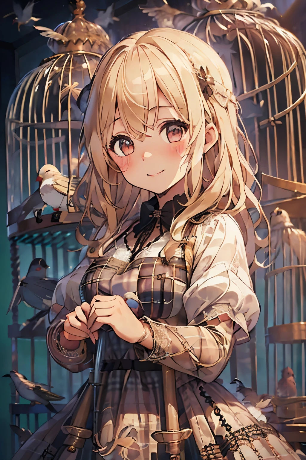 girl,cute,(blonde:1.2),(long hair with curls:1.2),(With bangs),(Eye size:1.5),(Plaid dress:1.3),(dress with lots of lace:1.35),(blush:1.2),(girl in cage:1.6),(Smile slightly:1.1),(close up of face:1.3),(Birds are flying:1.35),