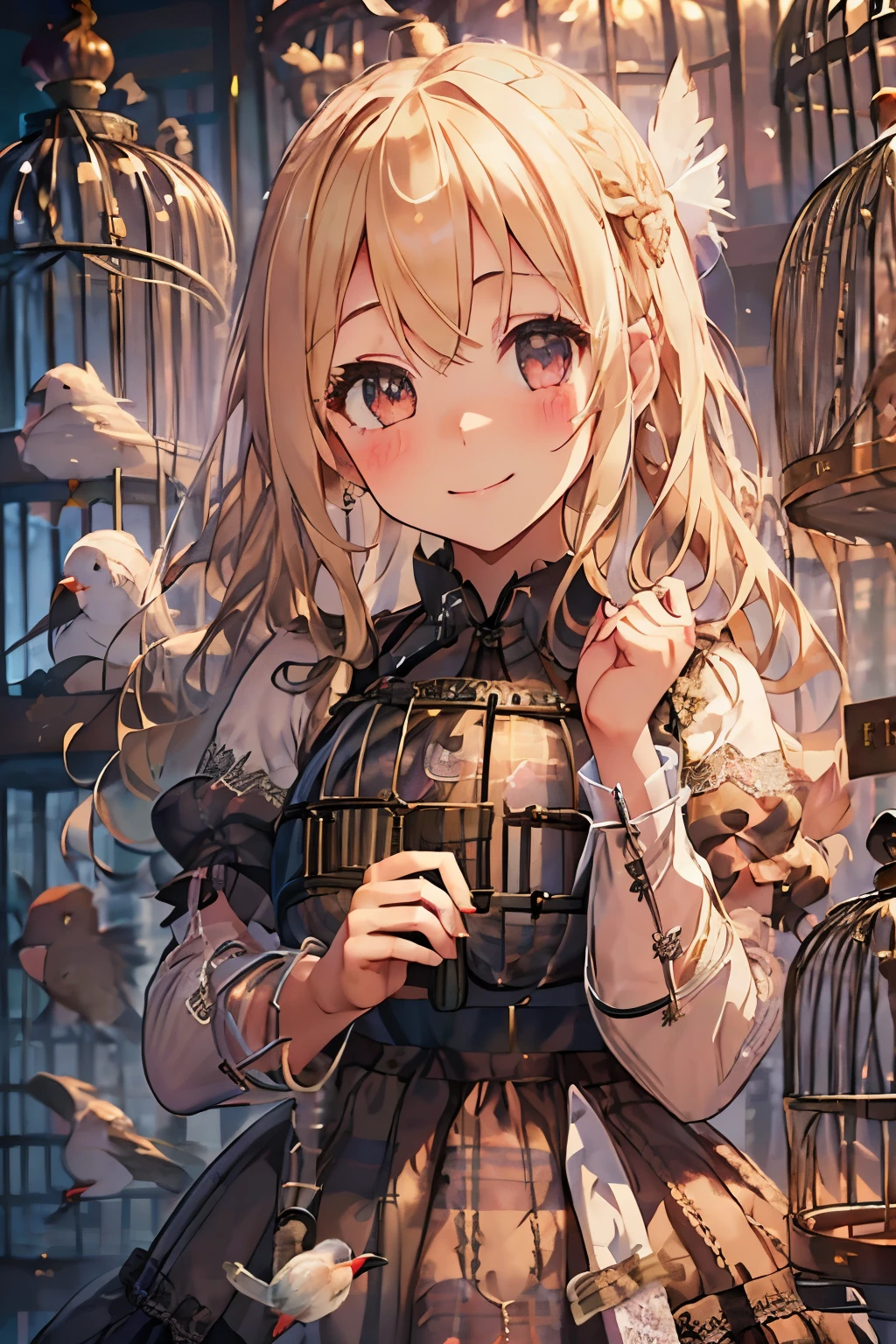 girl,cute,(blonde:1.2),(long hair with curls:1.2),(With bangs),(Eye size:1.5),(Plaid dress:1.3),(dress with lots of lace:1.35),(blush:1.2),(girl in cage:1.6),(Smile slightly:1.1),(close up of face:1.3),(Birds are flying:1.35),